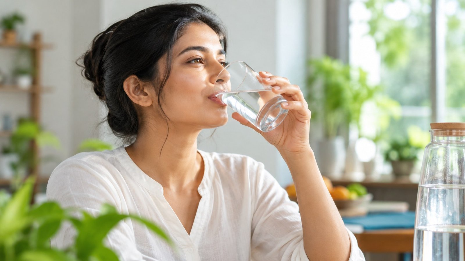 Indian woman drinking clean water from a clear glass